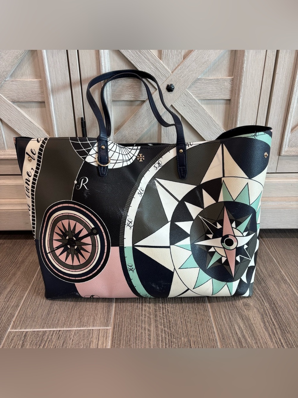 Tory Burch Black, Pink & Mint Compass-Print Leather Tote